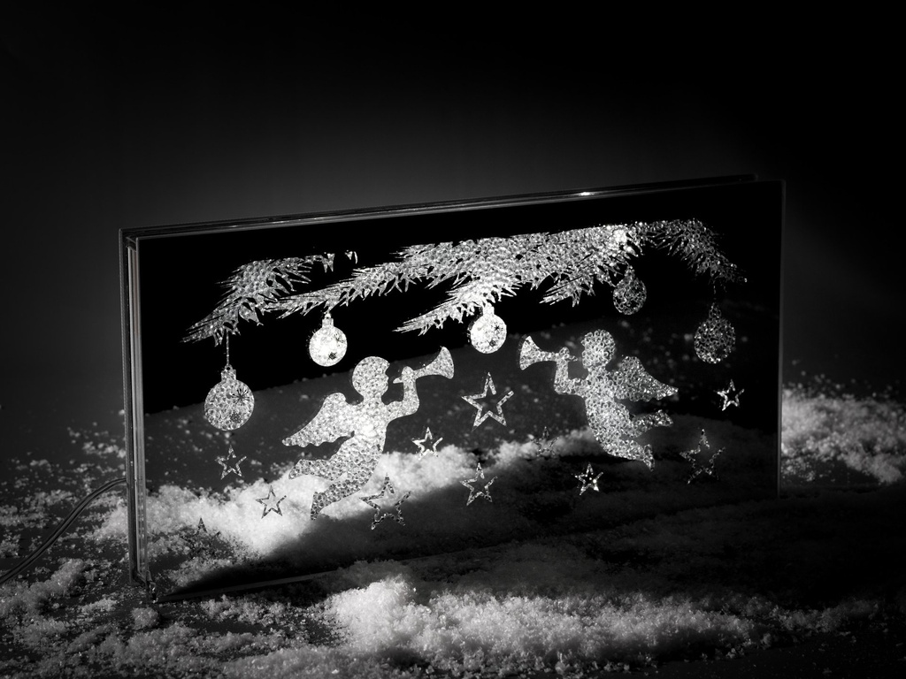 [90673] Rektangulær glass dekor m/led lys + USB, "engel motiv", 36*20*3 cm