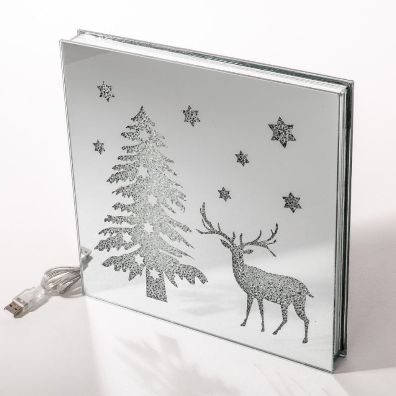 [90674] Kvadratisk formet glass dekor m/led lys + USB, "tre og reinsdyr", 25*25*3 cm