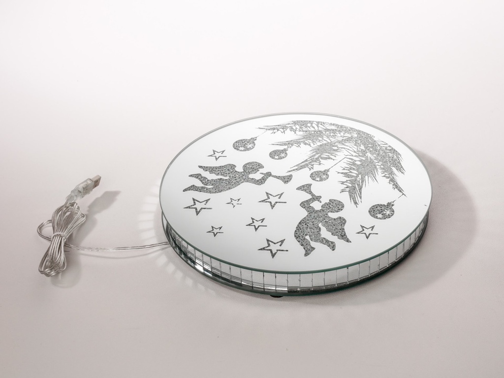 Rund formet glass dekor m/led lys + USB, "engel motiv", dia. 25*3 cm