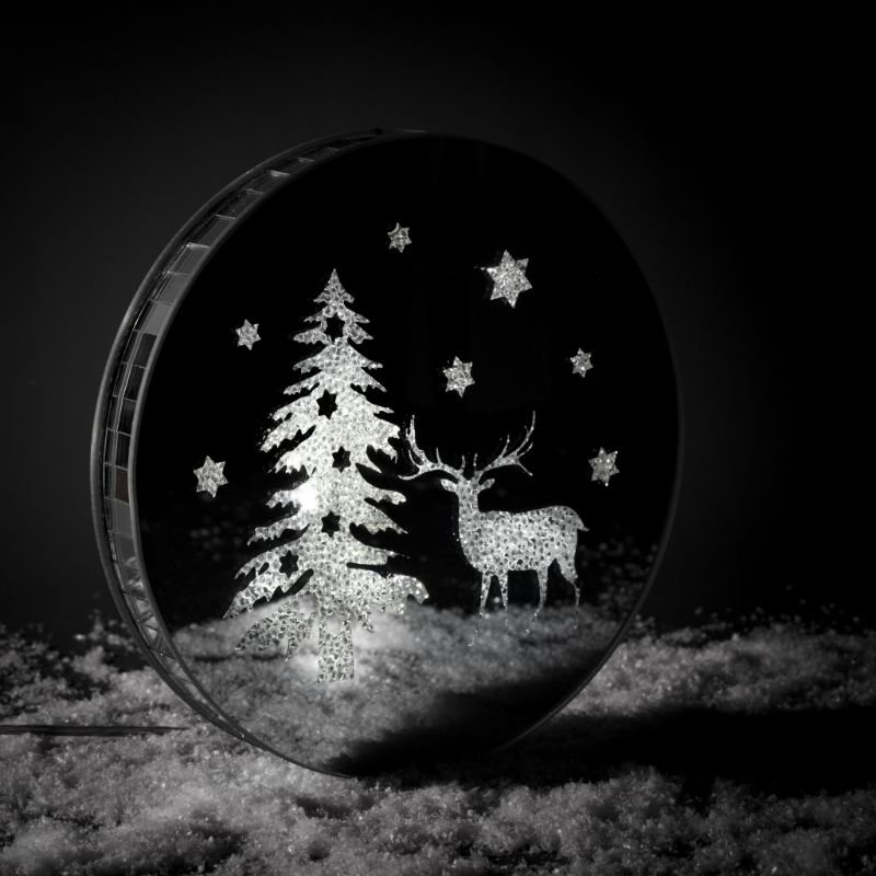 [90683] Rund formet glass dekor m/led lys + USB, "tre og reinsdyr", dia. 30*3 cm