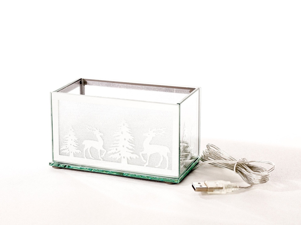 [90689] Rektangulær glass dekor m/led lys + USB, "tre og reinsdyr", 14*8,5*8 cm