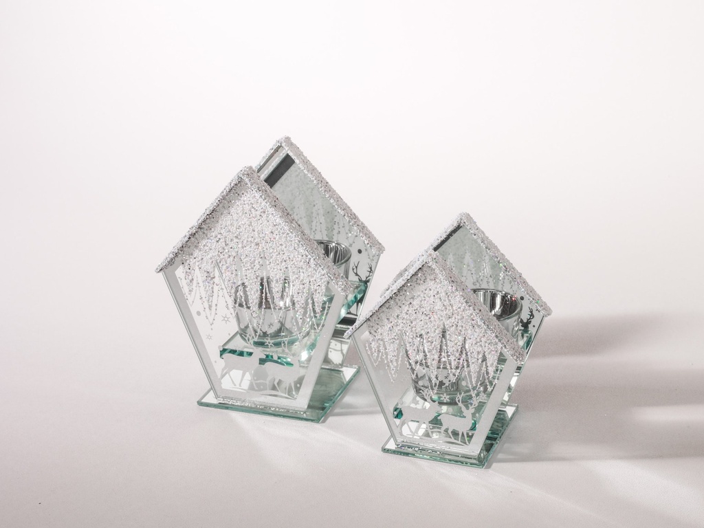Telysholder glass, reinsdyr motiv, 10,5*7*12,5 cm