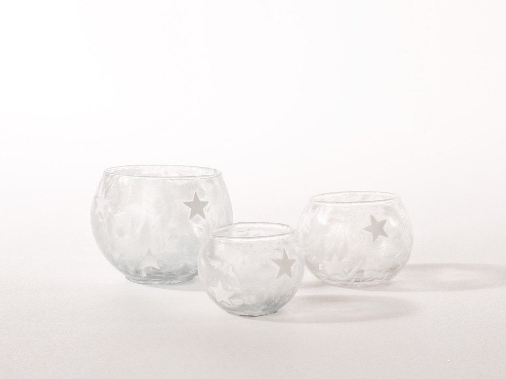 Telysglass, antikk hvit m/stjerner, dia. 6,5 / H - 5,5 cm