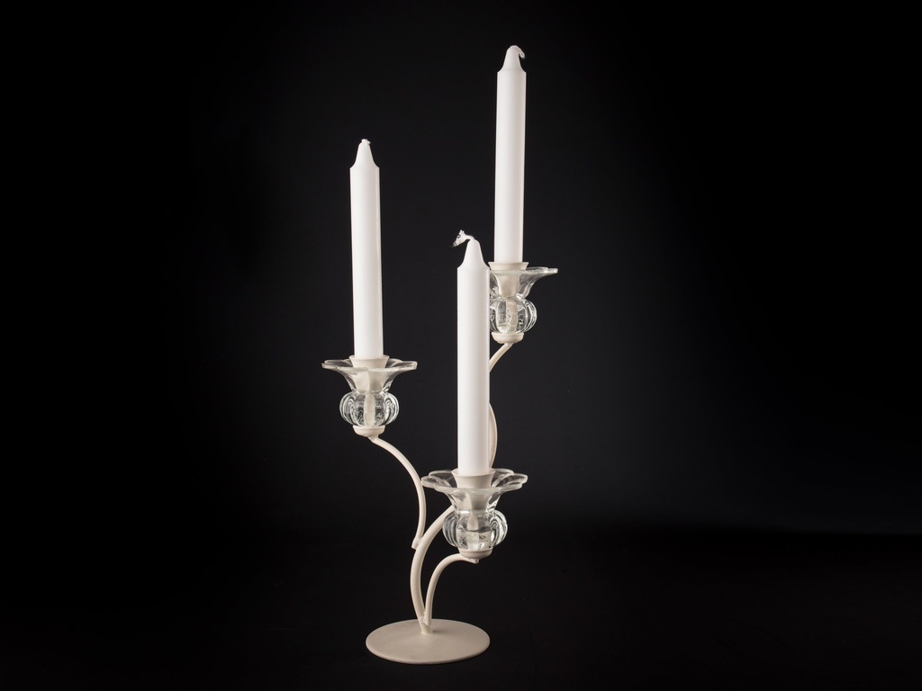 Lysestake,3-arma m.glass og  dobber, creme