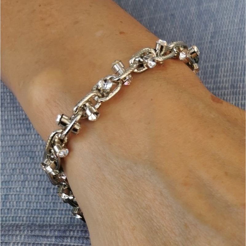 [20038] Armbånd i rhodium 17+3cm, lenke med krystallperle dekor