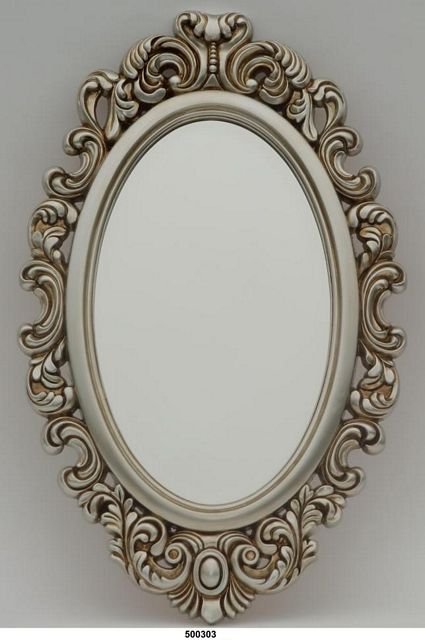 [500303] Ovalt facetslipt speil m/ramme i gyldendt sølv, 80 x 50 cm.