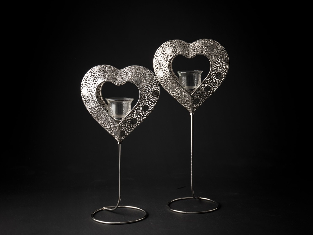 [60422] Hjerte på fot m/glass for telys, nikkel, 39 x 18 x 12,5 cm