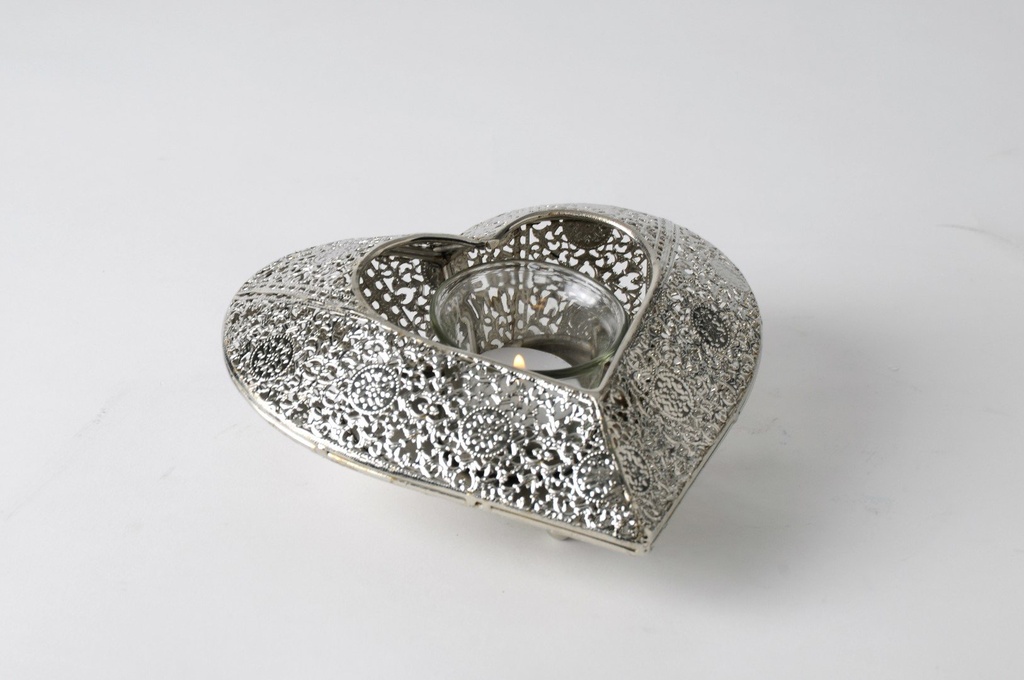 [60425] Hjerte telysholder i nikkel m/glass, Ø - 17,5 cm