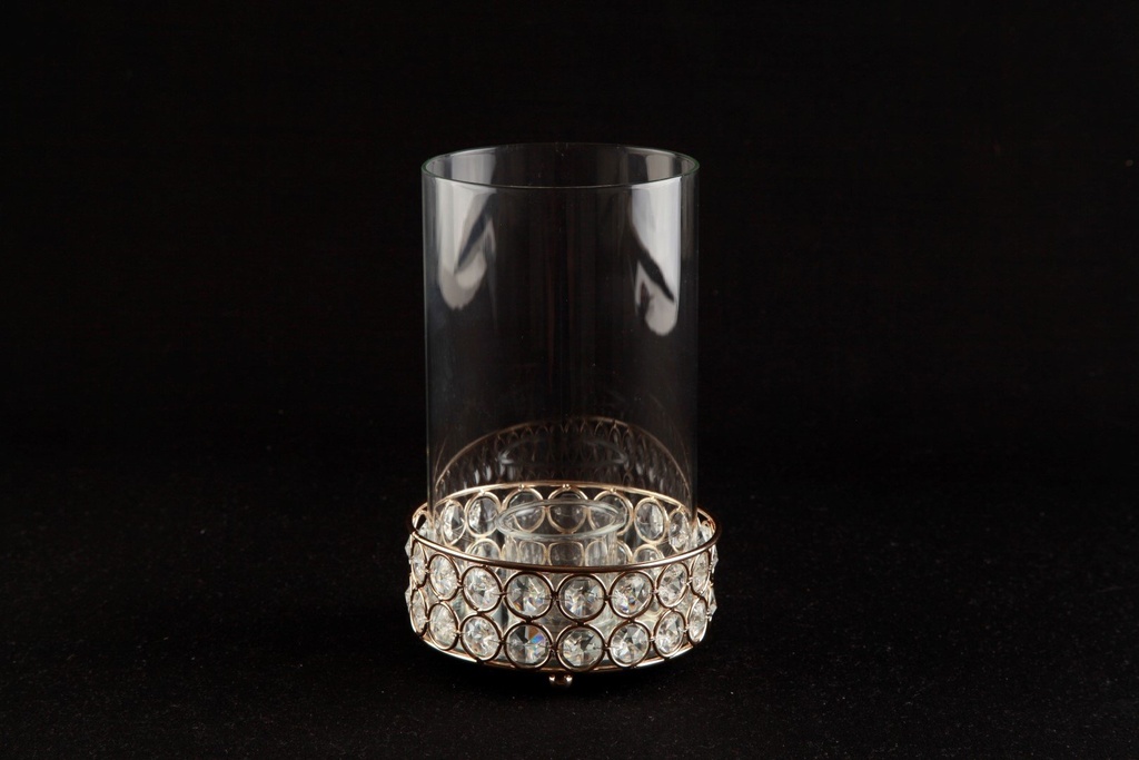 [60462] Hurricane m/glass og krystaller, "gylden", H 20 / Ø - 12,5 cm.