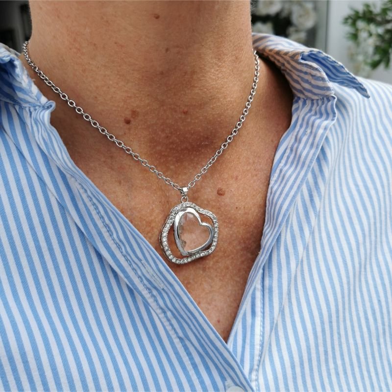 [20051] Halskjede i rhodium 40+5cm, diamanthjerte med krystallkrans