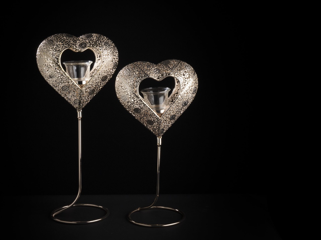 [60473] Hjerte på fot m/glass for telys, "gylden", 39 x 18 x 12,5 cm