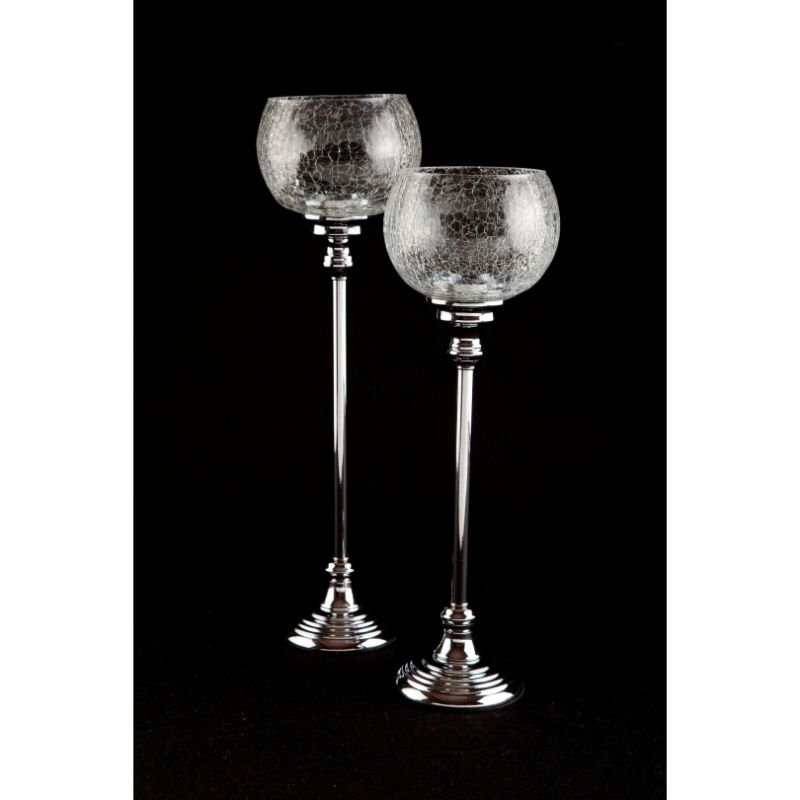 [60479] Telysstake, krakkelert glass, krom, H - 39 / Ø - 13 cm