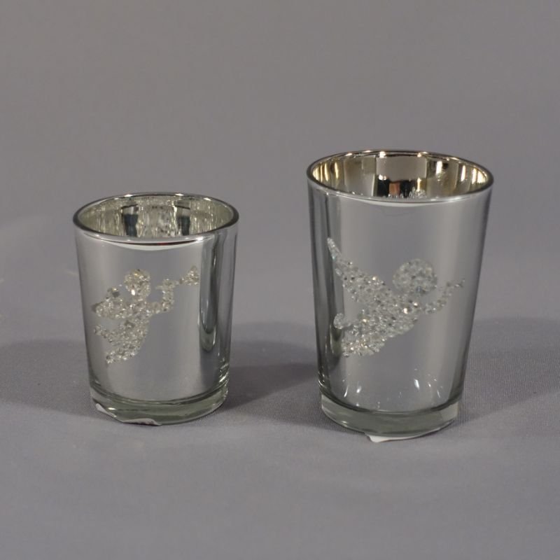 [90598] Telysglass, blankt sølv m/engel, H - 6,8 / dia. 5,5 cm
