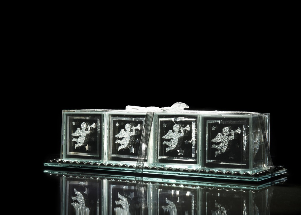 [90602] 4 x lyslykt m/engel + speil fat, 26,5 x 9 x 7 cm