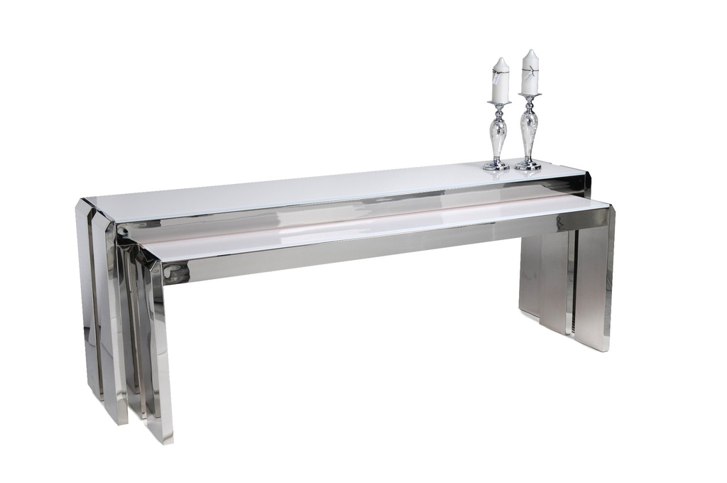 [30173] Konsoll bord i rustfritt stål m/hvit glassplate, SETT 2, 210 x 45 x 76 + 195 x 45 x 66 cm