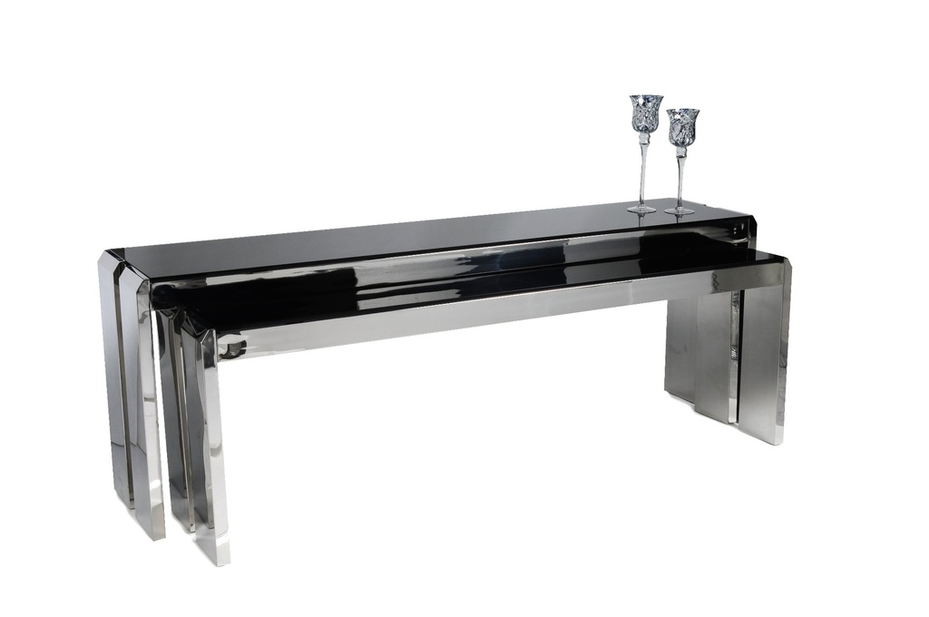 [30175] Konsoll bord i rustfritt stål m/svart glassplate, SETT 2, 210 x 45 x 76 + 195 x 45 x 66 cm