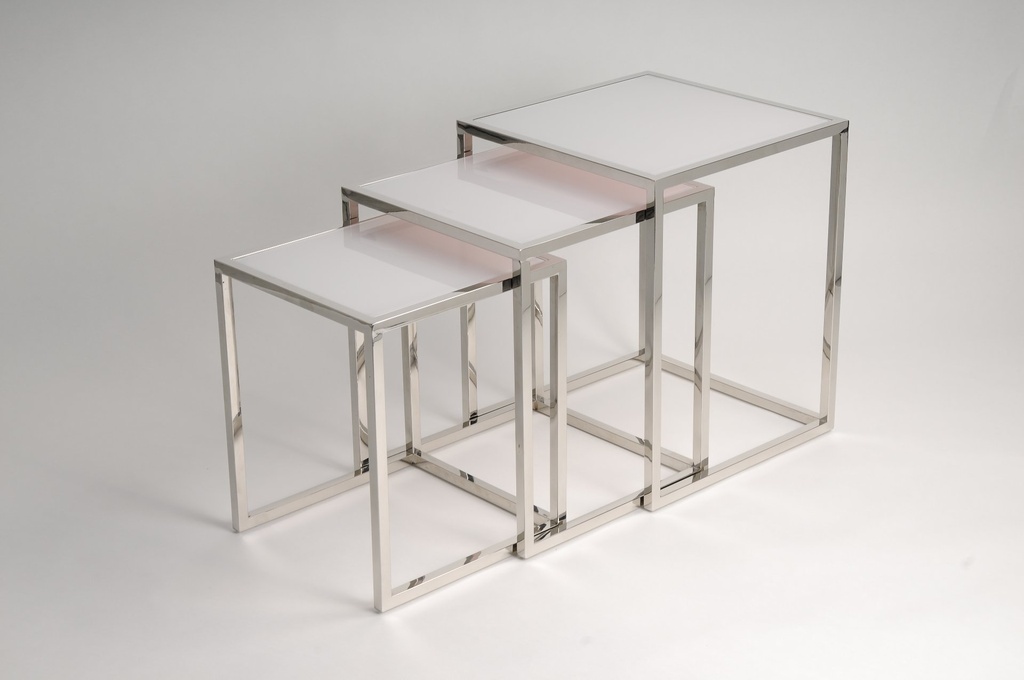 [30181] Settbord, sett 3, m/hvit glassplate, 37 x 37 x 45 + 41 x 41 x 50 + 45 x 45 x 55 cm