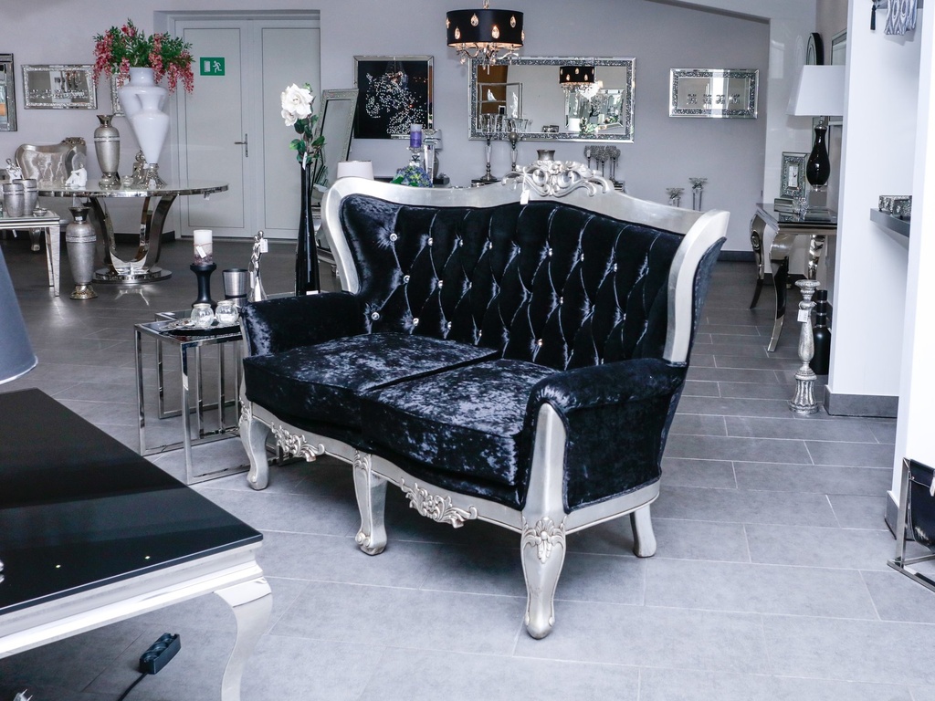 Sofa, 2 seter, antikk sølv ramme,  167, x 82 x 114 cm, svart velour, Y509-25