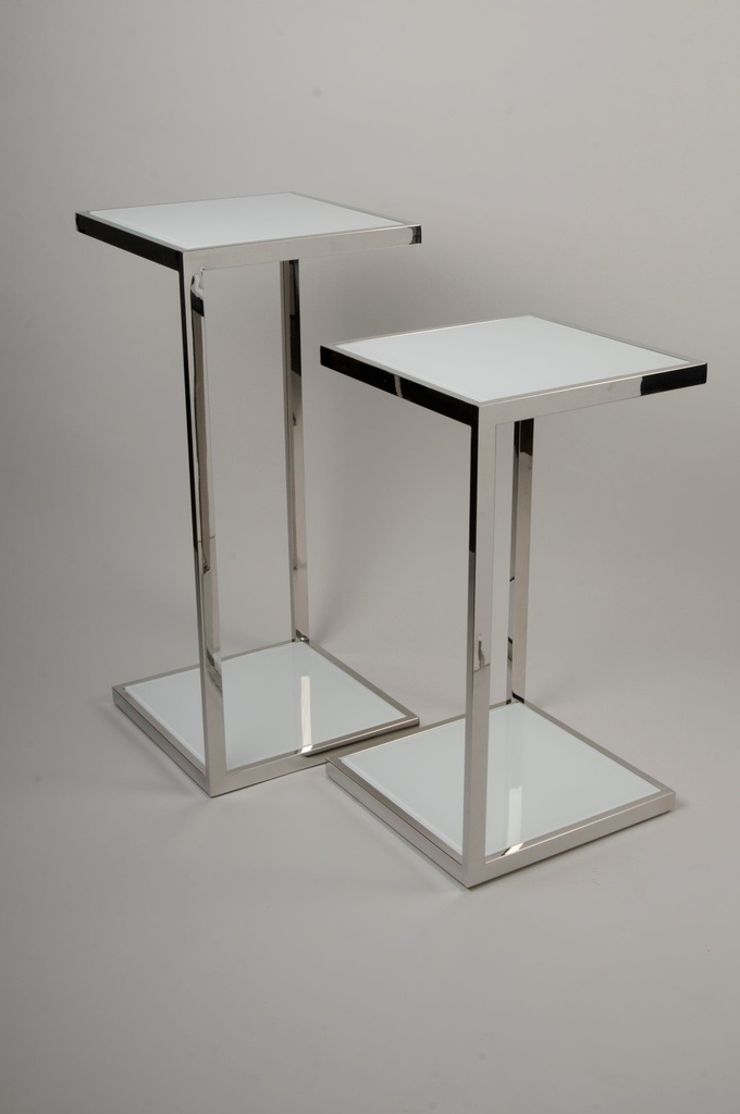 Pidestall i rustfritt stål, hvit glass, 38,5 x 38,5 / H - 85 cm