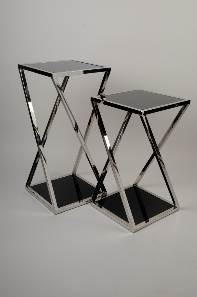Pidestall i rustfritt stål, "kryss", svart glass, 40 x 40 / H - 70 cm