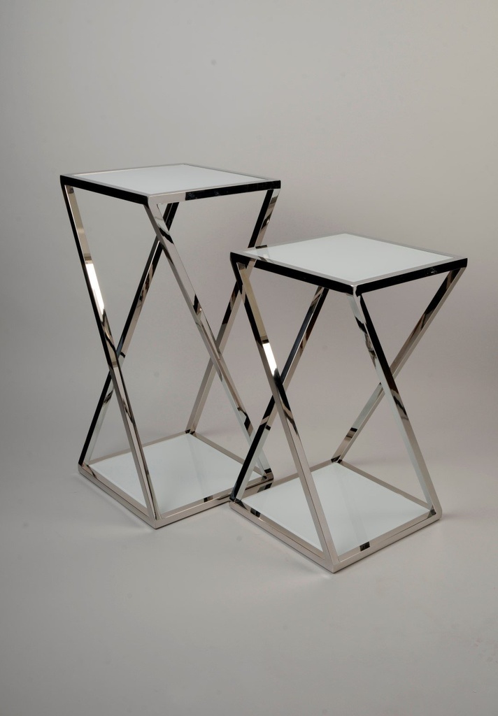 Pidestall i rustfritt stål, "kryss", hvit glass, 40 x 40 / H - 70 cm