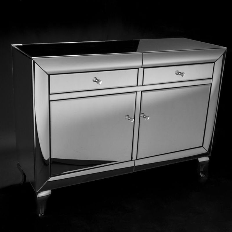[30283] Skejnk, ramme i kurvet speil, 3 skuffer, ben i rustfritt stål, 120 x 90 x 43 cm