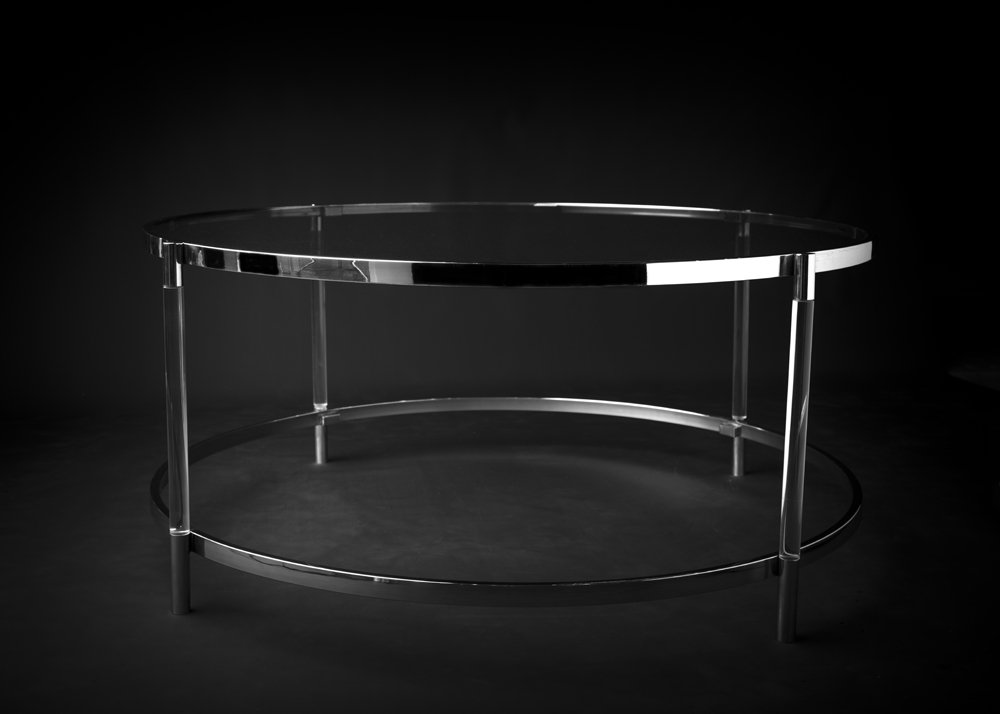 Rundt bord, rusfritt stål, klart glass + speil, akryl ben, dia. 98 / H - 54cm