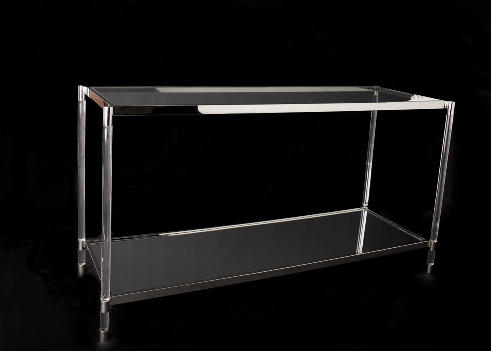 Konsolbord, rusfritt stål, klart glass + speil, akryl ben, 140 x 45  / H - 75 cm