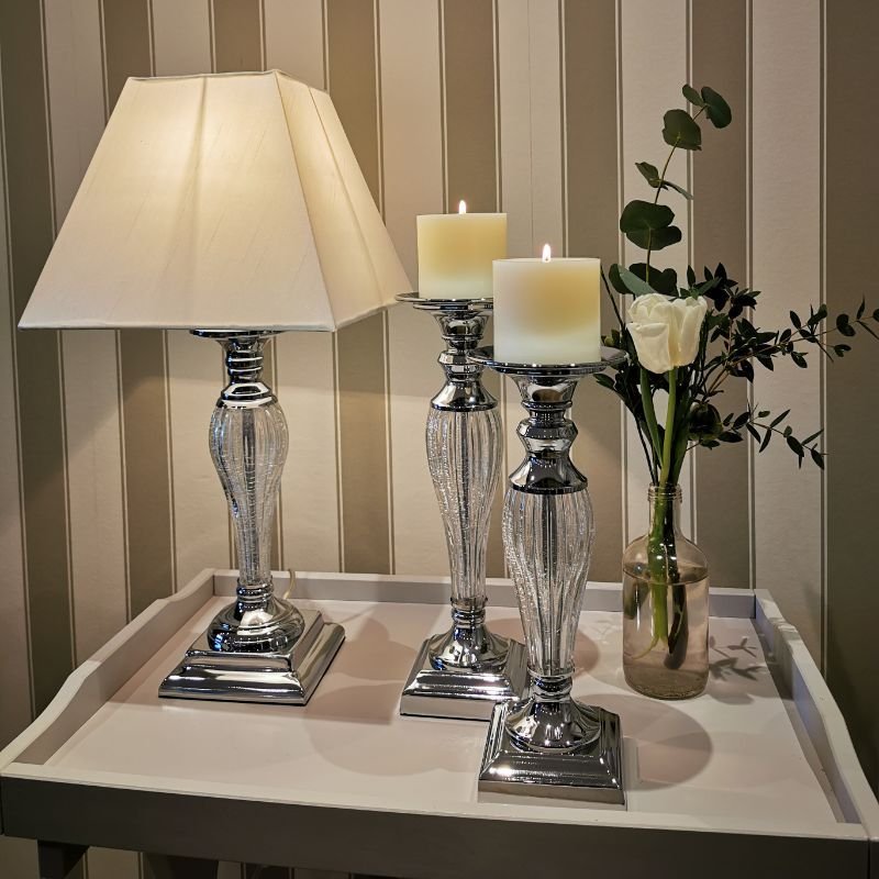 [31066] Lampe i krom + krakkelert glass, H - 61 cm