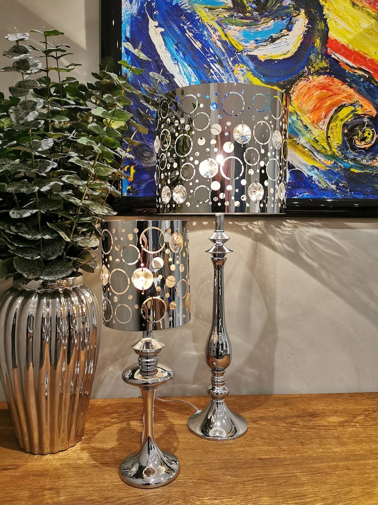 Lampe krom, rund skjerm i rustfritt stål m/prismer, H - 44 cm