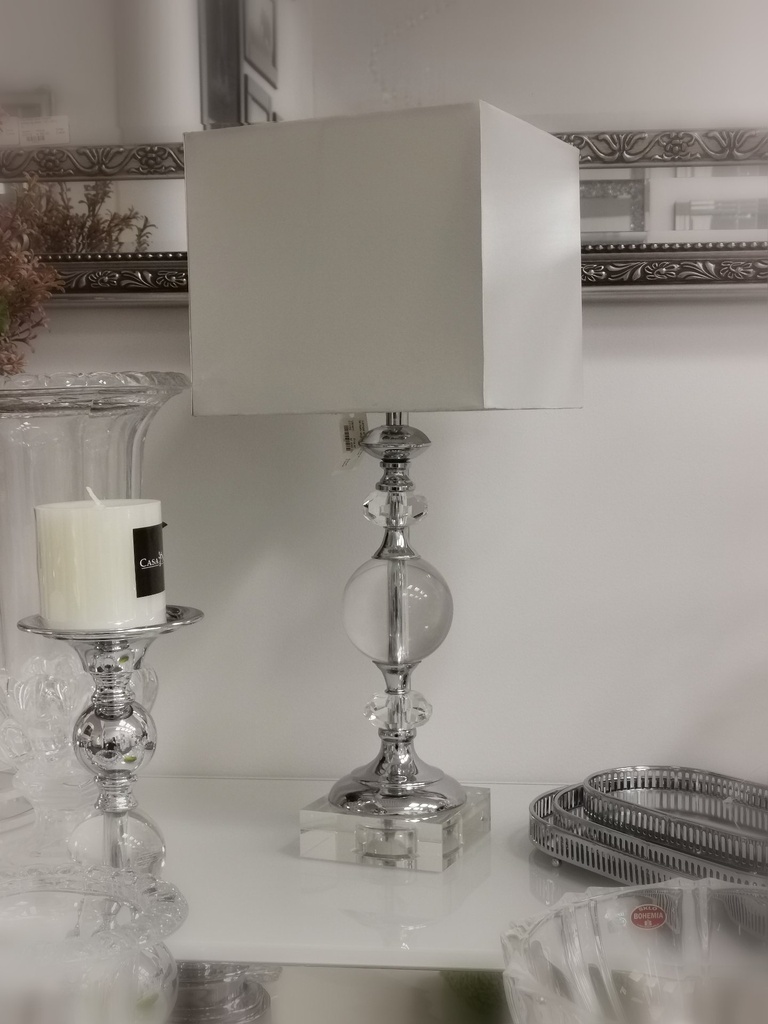 [31159] Lampe krystallkule/krom ste./sølv skjerm/H-55 cm