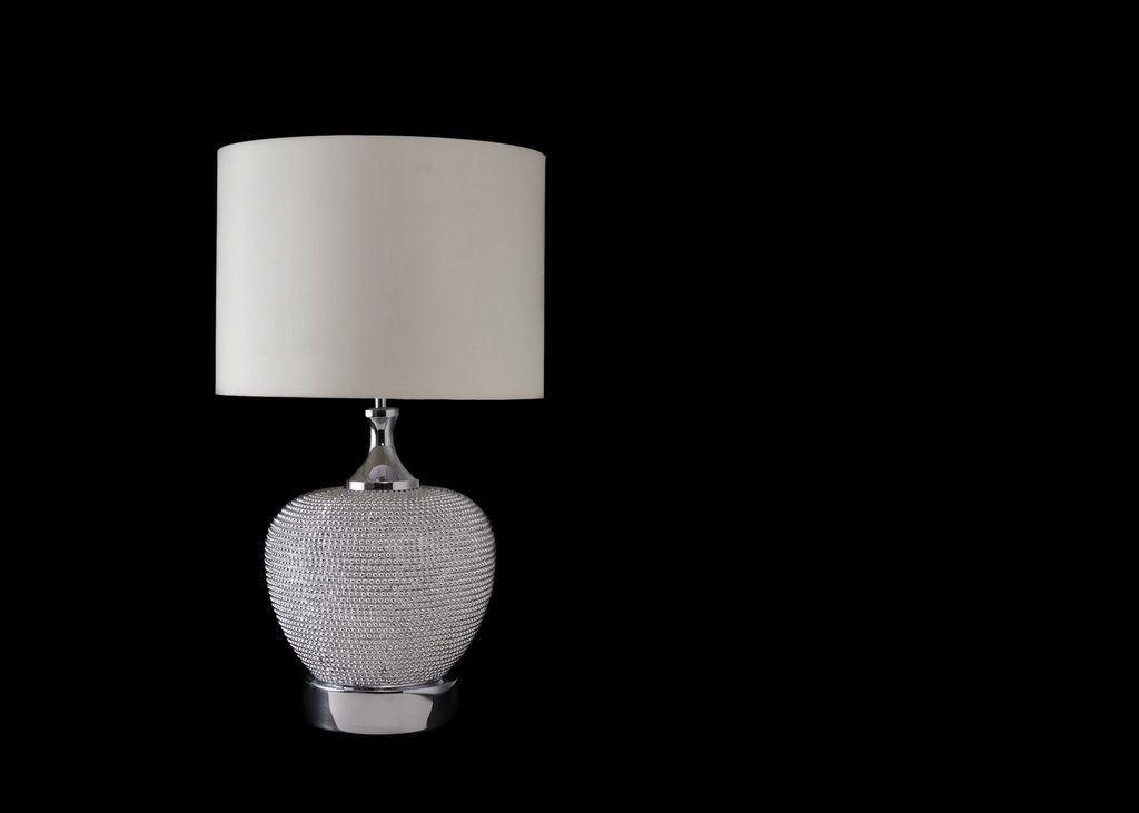 Bordlampe m/små sølvkuler, rund lys skjerm, H - 72 cm